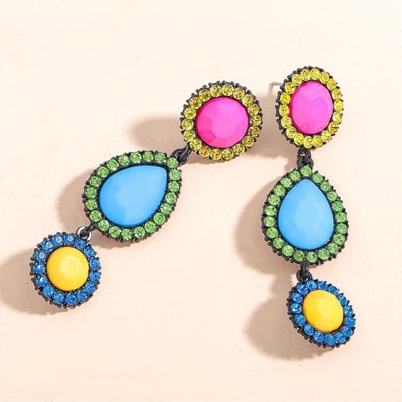 Candy Bright Bold Drop Statement Earrings Pink Blue Yellow Pierced - Picture 3 of 6
